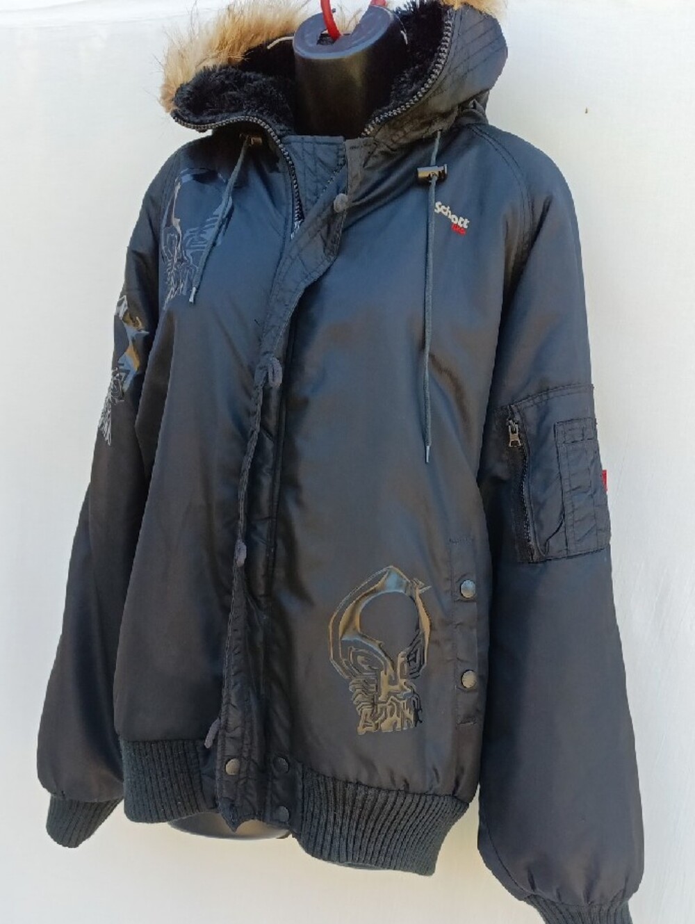 Rare Vintage Schott NYC Reversible Hooded N-2B Bomber Jacket W Skull Print